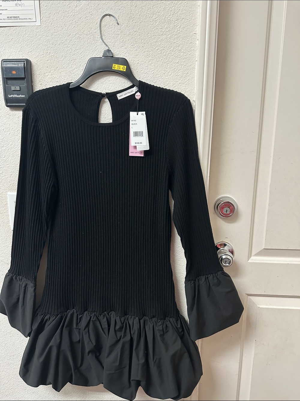 Avec Les Filles Black Ribbed Mini Dress with Ruffle Hem